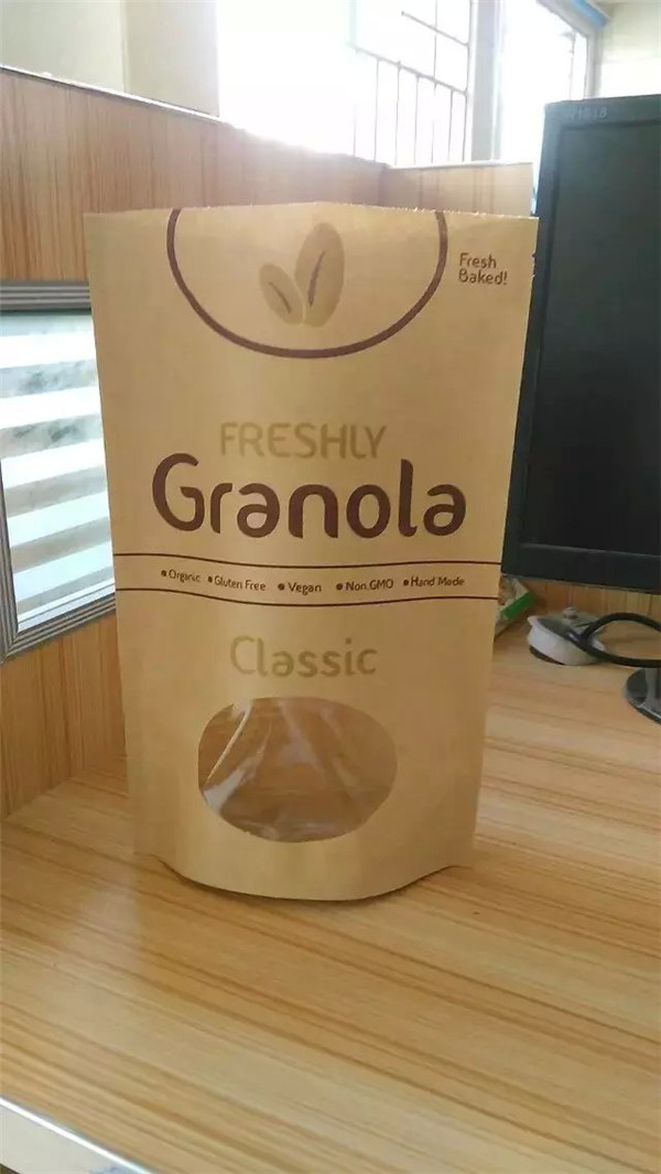 Custom Printed Stand Up Kraft Paper Bag , Snack Bag Packaging With Window