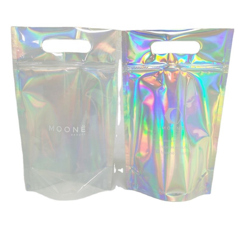 Transparent Plastic Holographic Bags Cosmetic Aluminum Foil Mylar Bags With Zipper Handle