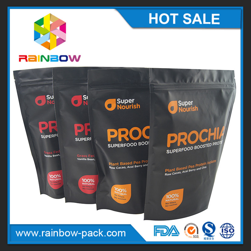 Free sample stand up k for 750g whey protein powder packaing with tear notch