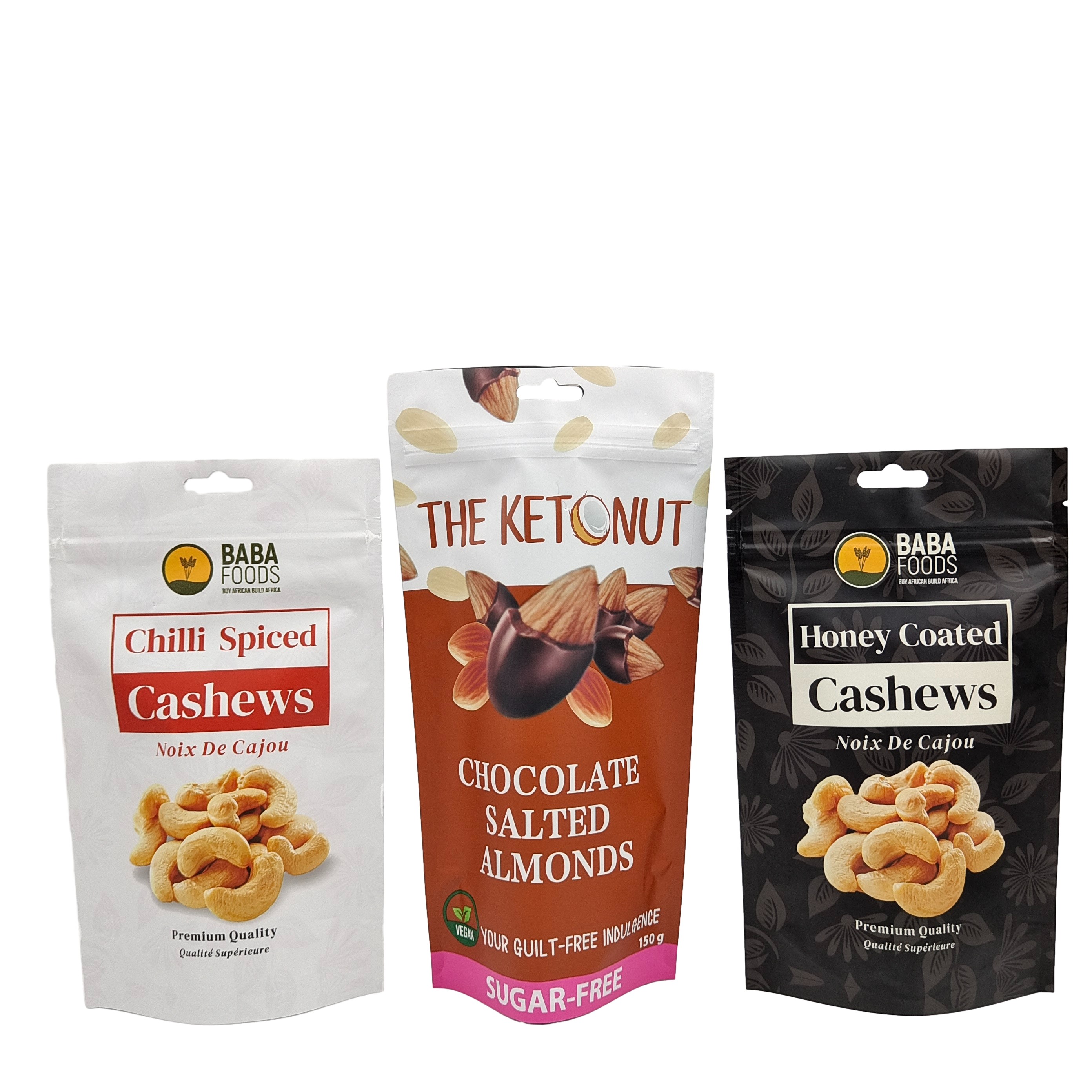 Custom Stand Up Zipper Cashew Nuts Chocolate Food Pouch Aluminum Foil Zip Lock Packaging Bag