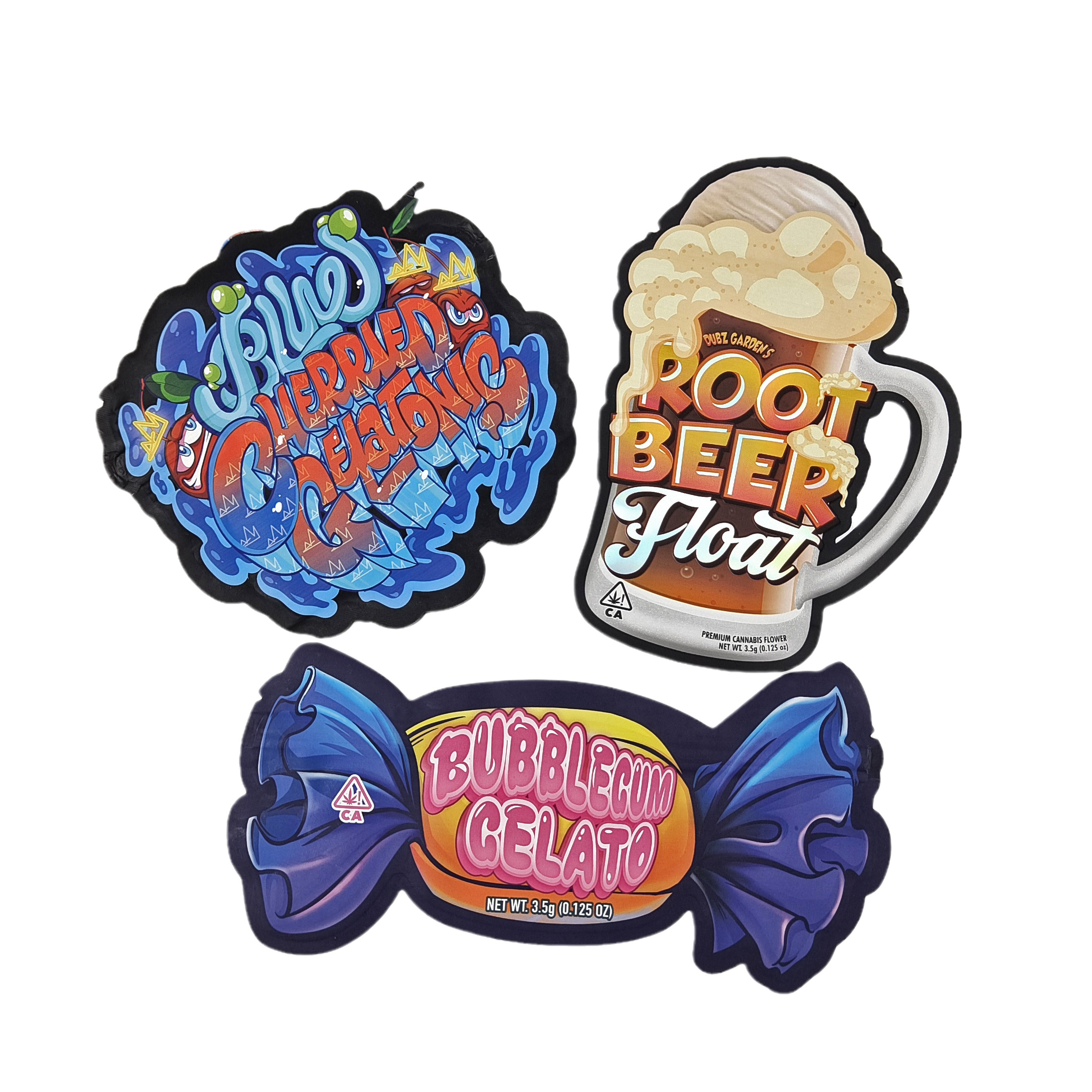 Custom Printing 3.5g 7g 14g 28g Special Shaped Smell Proof Food Candy Bag Die Cut Mylar Pouches