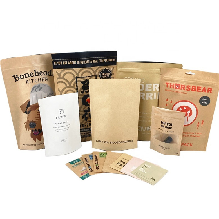 Biodegradable Smell Proof Packaging Bag With Window White Kraft Paper Bags for Tea Cookie Cake Nuts Edibles Powder Pet F