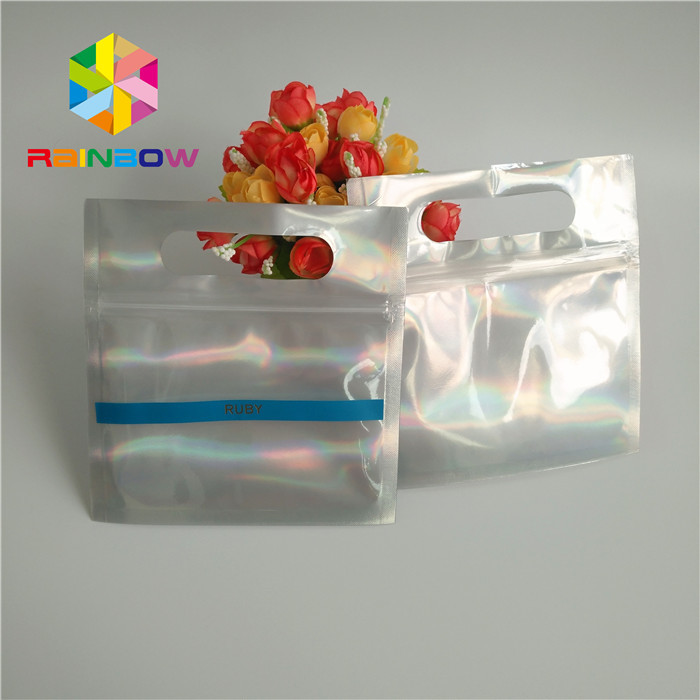 Flat three side sealed holographic mylar Foil Pouch Packaging with clear front for display
