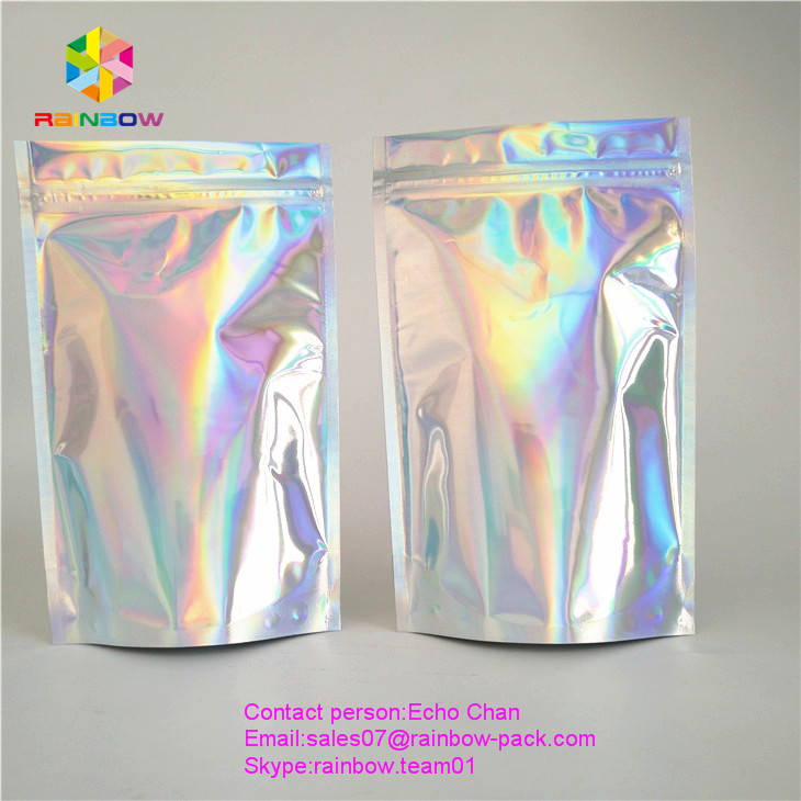 Reusable stand up holographic foil bag without printing for cosmetic or salts packing