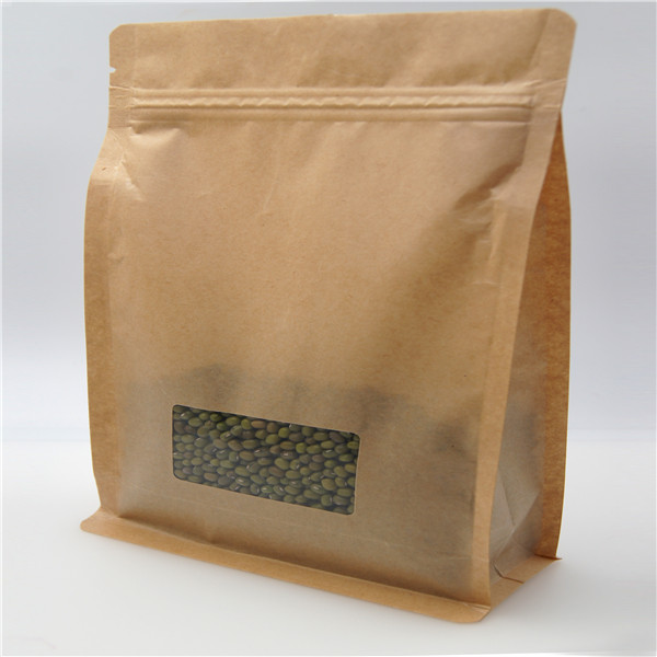 Square Brown Kraft Paper Bag With Clear Window , Zip Lock Coffee Pouch