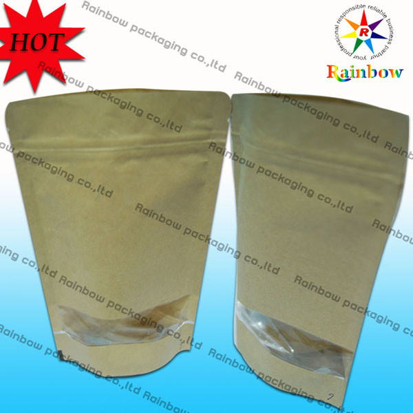 Stand Up k Brown Kraft Customized Paper Bags With Window For Snack Packaging