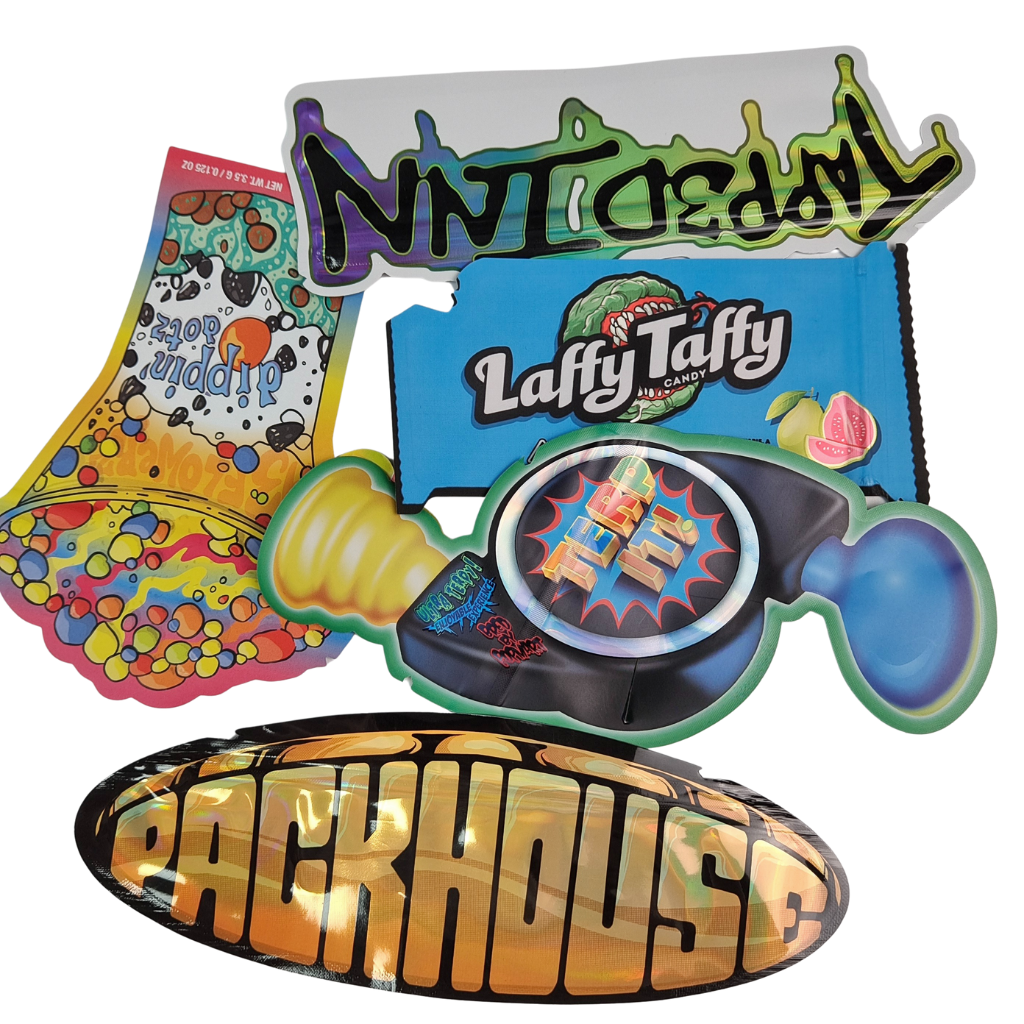 Resealable Zipper Holographic Shape Die Cut Mylar Bags Aluminum Foil Heat Seal Die Cut Irregular Pouch For Mushroom Gummies