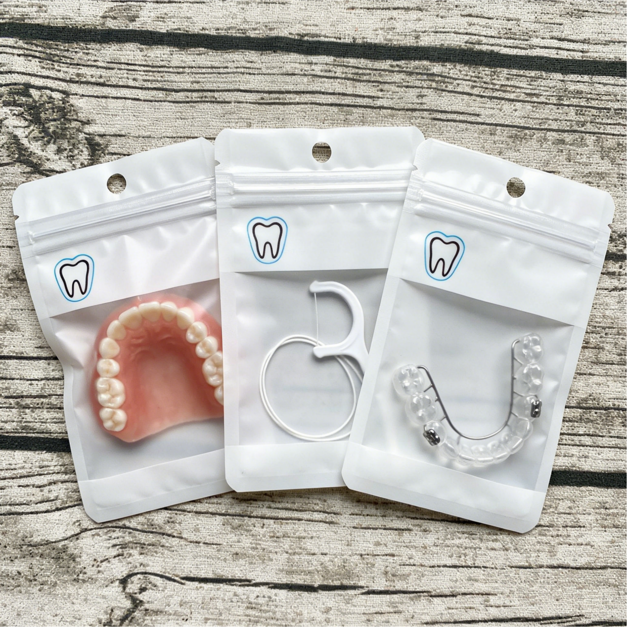Custom Flat Zip Lock Mylar Bags One Side Transparent Zipper Retainers For False Tooth Clear Aligner Packaging Bag
