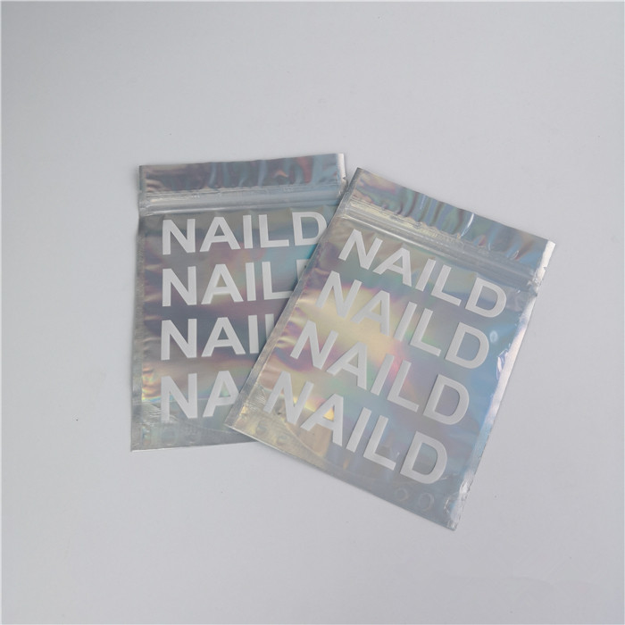 Customized Logo Zip Lock  Bags Flat Holographic Film Mini Mylar Three Side Seal
