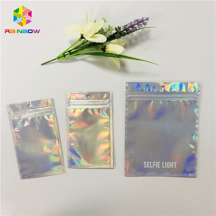 Custom Cosmetic Packaging Bag Plastic Hologram Mylar Zipper With Clear Window