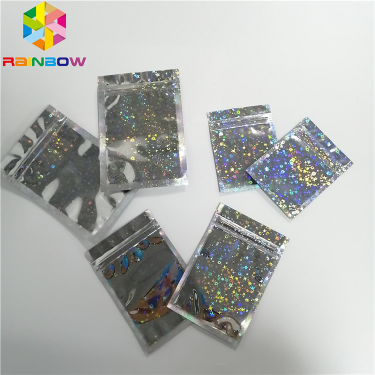 Hologram Foil Pouch Packaging Heat Seal Star Flash Mylar Plastic Three Side Seal Zipper Bag