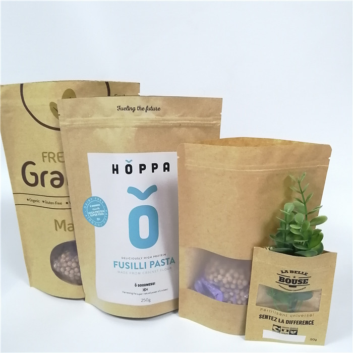 Brown Custom Paper Bags Clear Front Windows Eco Friendly For Packing Dried Snack Food