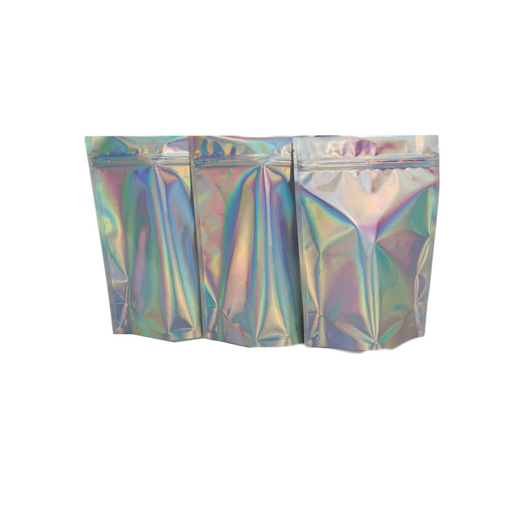 Three Side Sealed Cosmetic Packaging Bag Custom Logo Printed Holographic Pouch