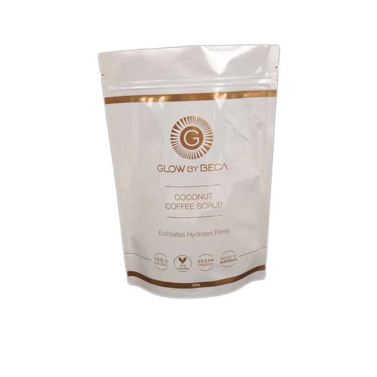 White Glossy Finish Body Scrub 150 Micron Stand Up Zipper Pouch