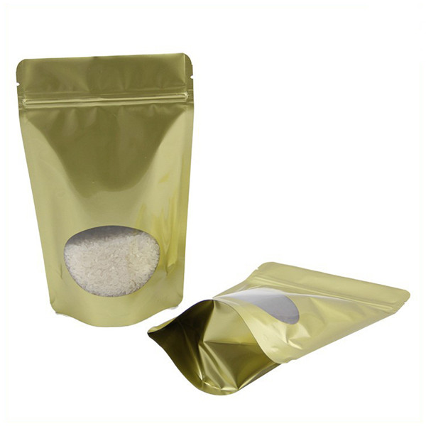 Customized Recyclable Gold Stand Up  Pouch With Aluminum Foil Clear Window For Candy Coffee Bean Tea