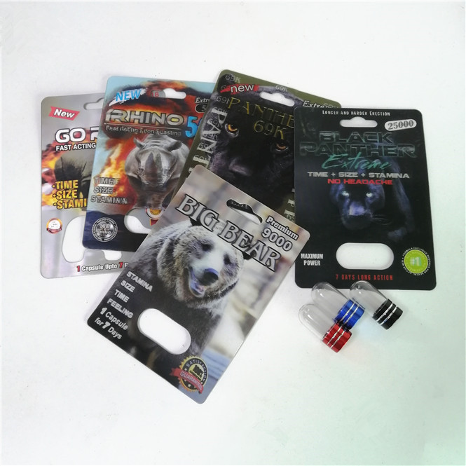 Sexual Enhancement Pills Packaging Rhino Max 150K 3D Blister Cards With Paper Box For Powder Sex Capsule