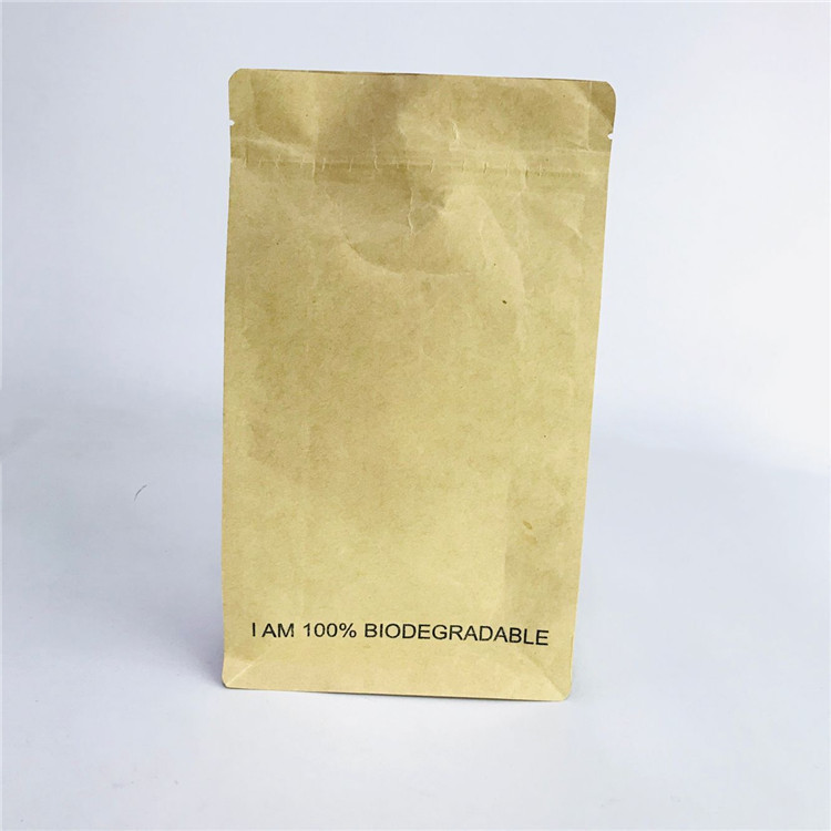 Custom Accepted Quad Sealed Brown Kraft Paper Biodegradable Bags with Zipper