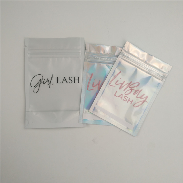 Customized Smell Proof Cosmetic Holographic Plastic  Seal Eyelash Lipgloss Packaging Mylar Bag