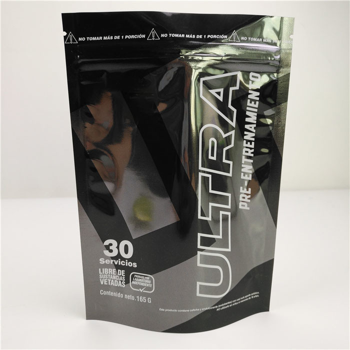 Glossy Black Aluminum Foil Mylar Plastic Standing Pouch Customized Logo