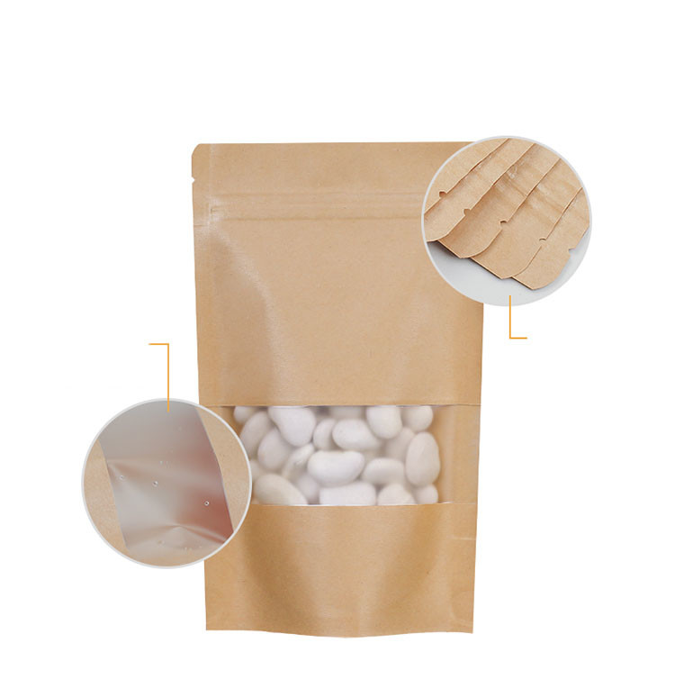 Brown Kraft Paper  Biodegradable Stand Up Pouch With Window
