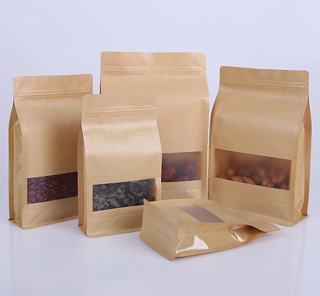 Eight Side Seal Dry Fruit Kraft Paper Flat Bottom Gusset Bags Biodegradable