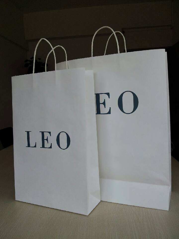 Logo Printed Customized Paper Bags , Kraft White Handle Shopping Bag