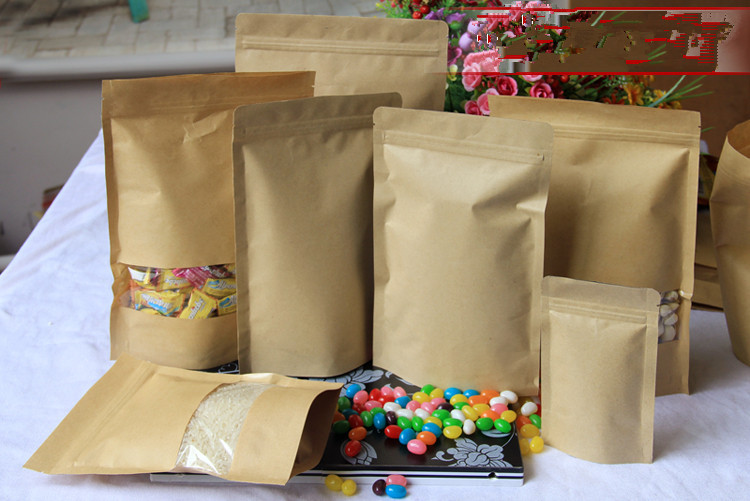 Stand Up Custom Kraft Paper Bags With Window and Zipper For Candy