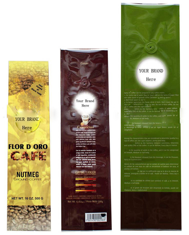 Custom Coffee Bean Plastic Pouches Packaging with Degassing  Valve Side Gusset