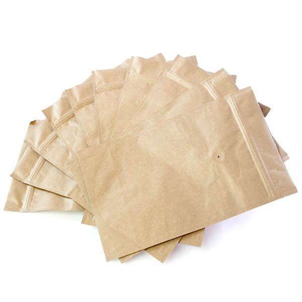 Zipper Tea Plain Light Brown Kraft Paper Bags Stand Up With Degassing Valve