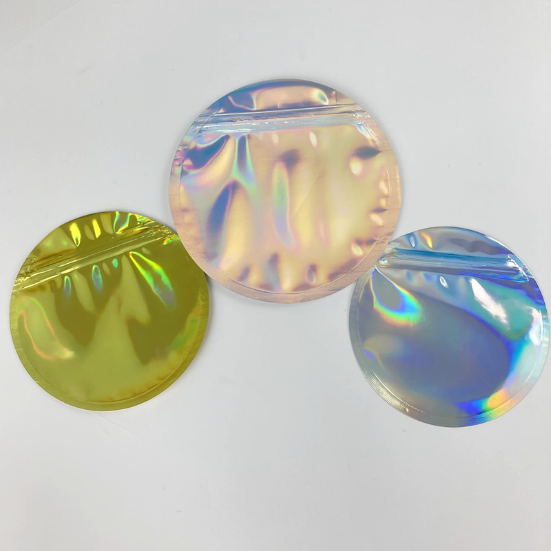 Plain Plack Hologram Ziplock Foil Bags Packaging Edible Round Circle Mylar Pouch